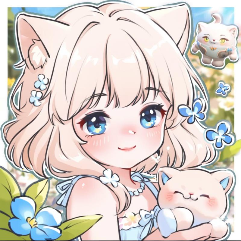 397908-3827483663-A shy sweet little cat girl in a flowery summer dress grinning in a sunny garden, tries to catch small butterflies, plush, fluff.png